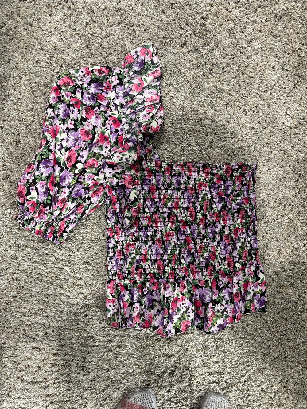 DO+BE Pink & Purple Floral Smocked One-Shoulder Top